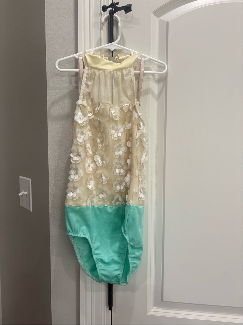 Dansco Ivory with flowers and mint green bottom halter leotard LC RN85186 GUC